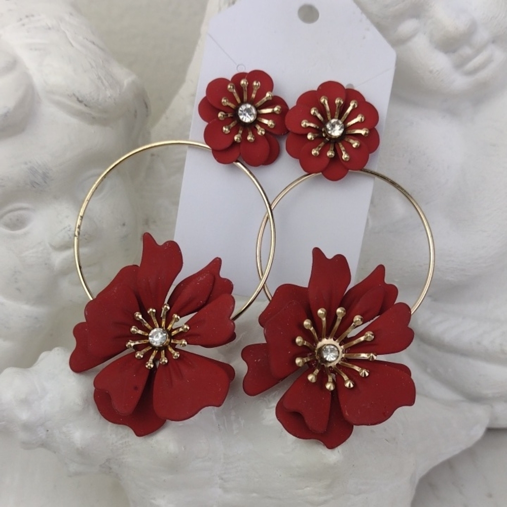 Red Flower DBL Drop Stud Hoop Gold Tone Earrings - Unbranded